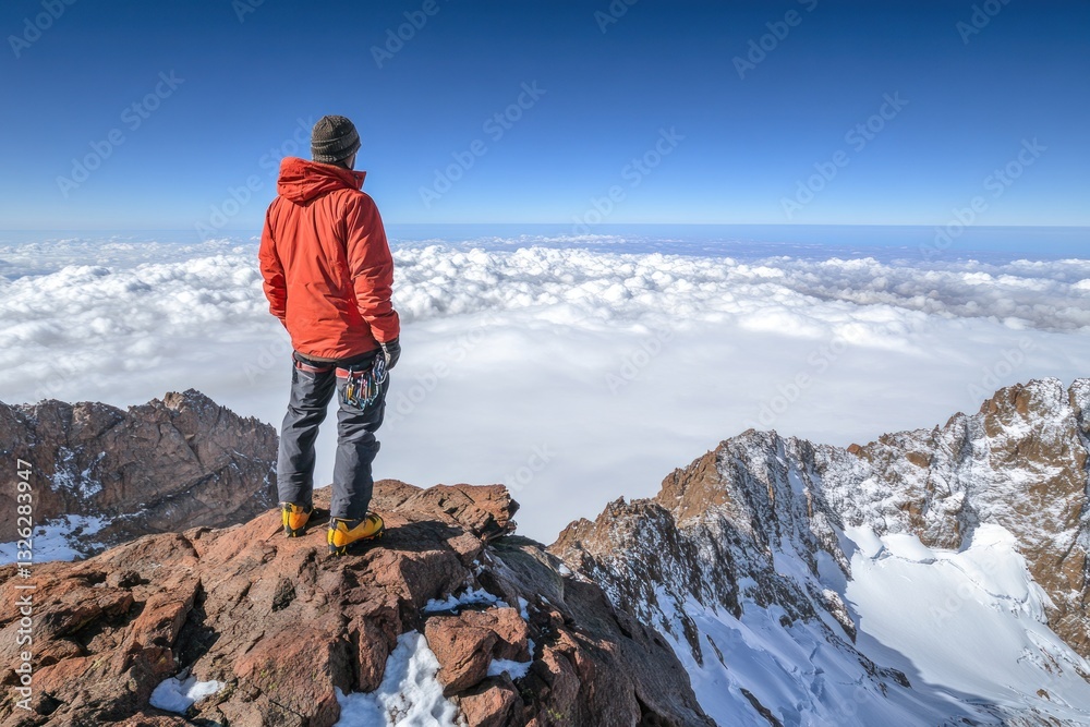Fototapeta premium Climber atop mountain peak, gazing at cloudscape