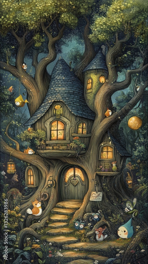 Fototapeta premium A whimsical treehouse nestled among the towering forest trees in the night