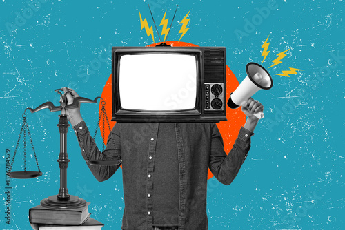 TV head, holding scales and a megaphone, symbolizes media bias and justice.