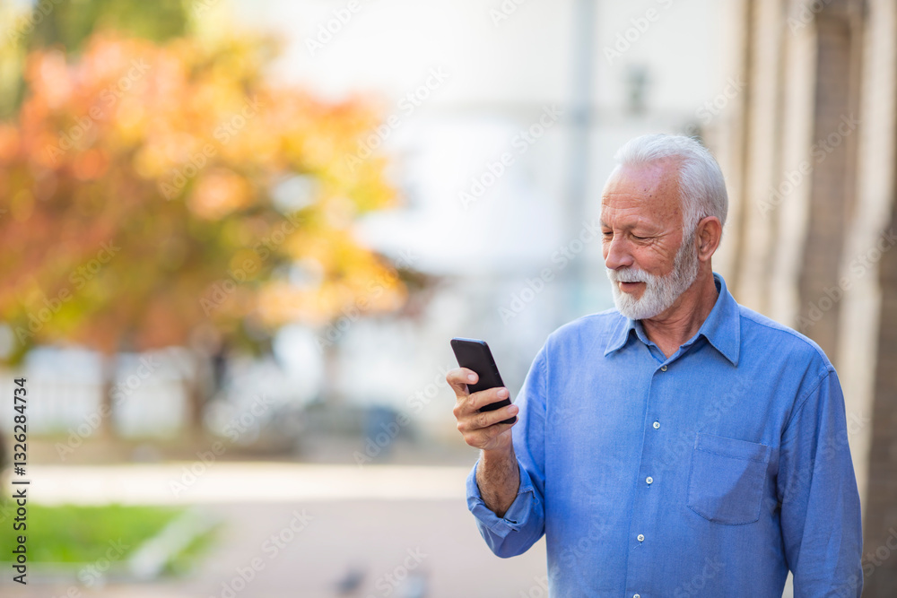 Senior Man Using Smartphone Outdoors on a Bright Autumn Day Senior Man Using Smartphone Outdoors on a Bright Autumn Day
