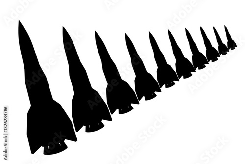 Silhouette of missiles arranged diagonally pointing upper right corner representing war and military power