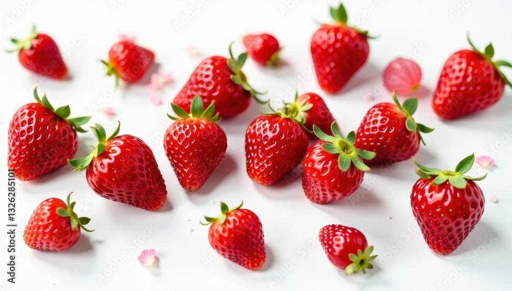 Scattered wild strawberries, vibrant red, on pristine white , fresh, summer Scattered wild strawberries, vibrant red, on pristine white , fresh, summer