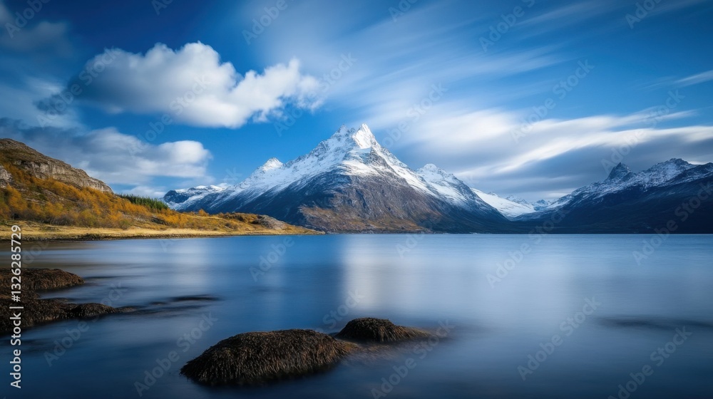 Obraz premium Majestic Snow-Capped Mountain Reflected in Calm Lake Under a Bright Blue Sky with Fluffy White Clouds