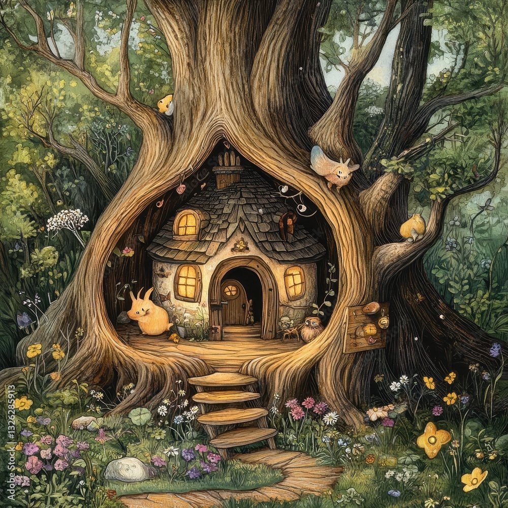 Fototapeta premium A whimsical tree home is nestled among the beautiful forest greenery