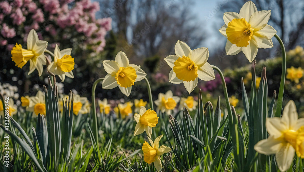 Spring garden scene with daffodils and vibrant flowers Spring garden scene with daffodils and vibrant flowers