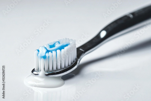 Toothbrush with a drop of toothpaste on a white background photo