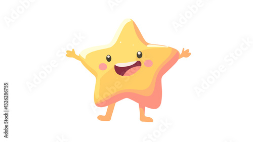 Cheerful cartoon star character smiling and waving happily on white background