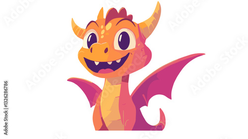 Cute cartoon dragon smiling happily with outstretched wings on white background