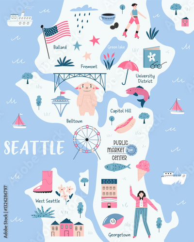Illustrated map of Seattle, USA with landmarks and symbols. Vector cartoon design for frame arts, posters, prints