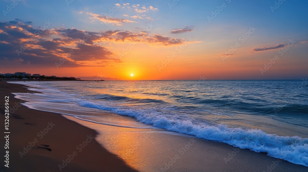 Serene Sunset Over Tranquil Beach with Gentle Waves and Colorful Sky in the Evening Light Serene Sunset Over Tranquil Beach with Gentle Waves and Colorful Sky in the Evening Light