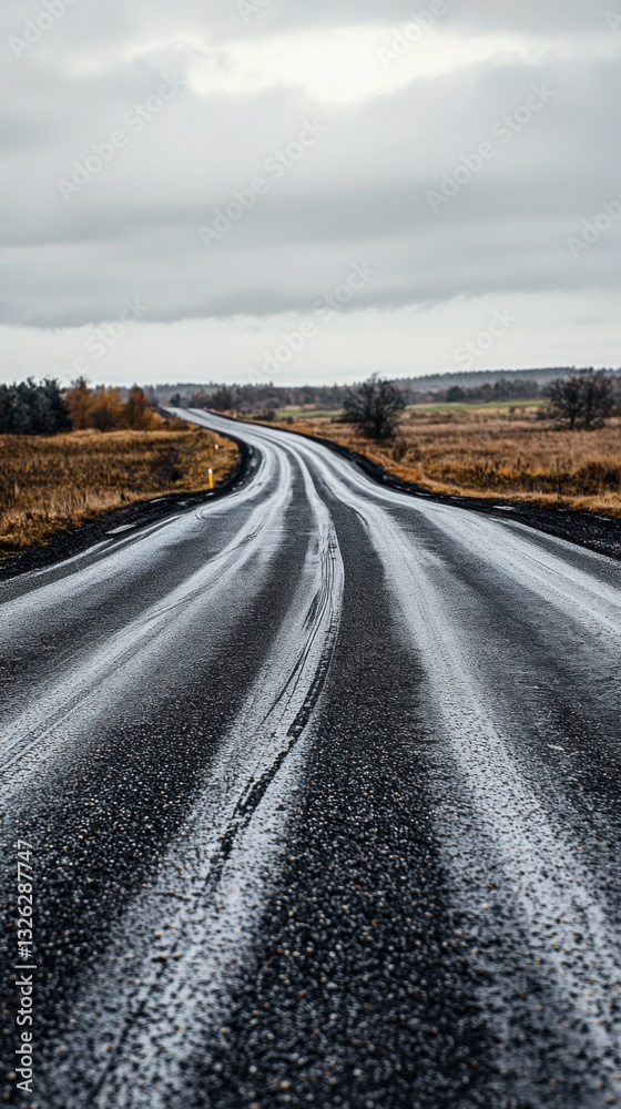 Naklejka premium Road stretching into the distance beneath a dramatic cloudy sky with hints of sunlight