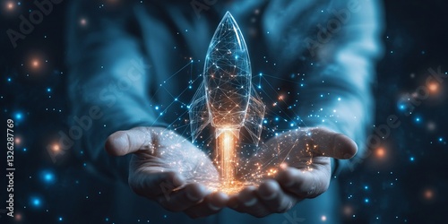 hands holding a glowing rocket, representing a startup and innovation.