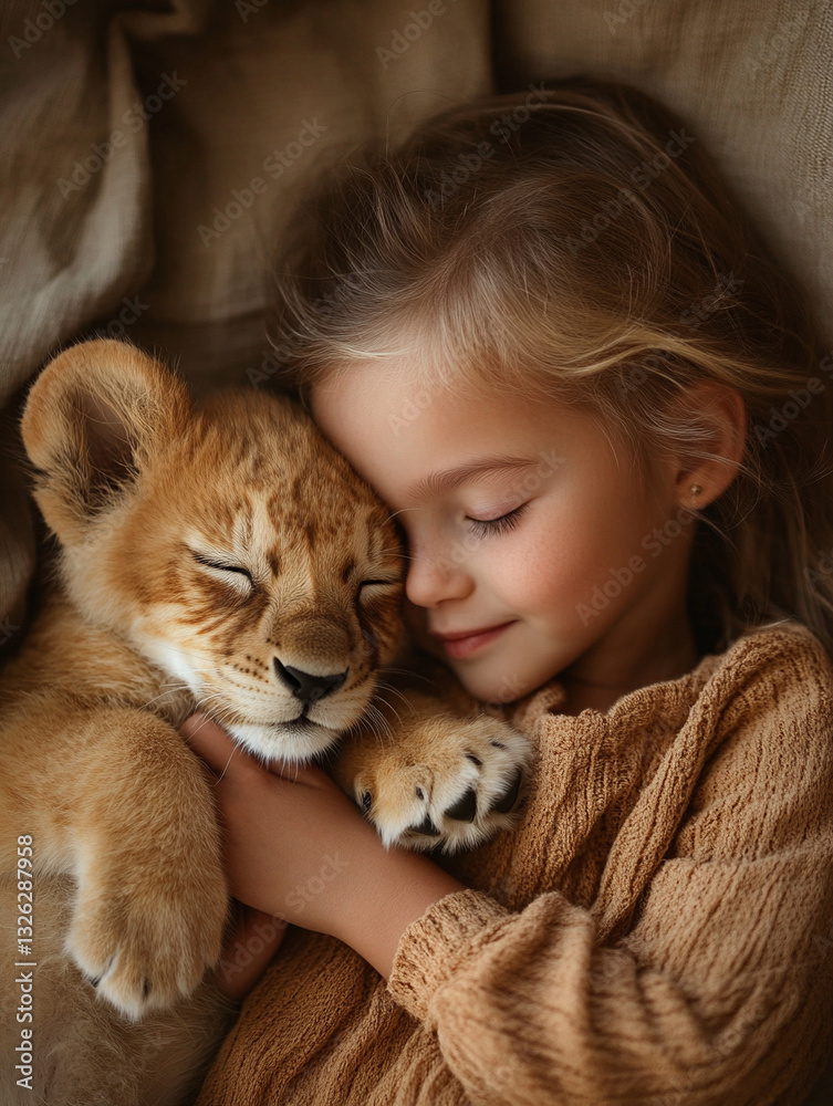 Child cuddles a lion cub in a cozy setting Child cuddles a lion cub in a cozy setting