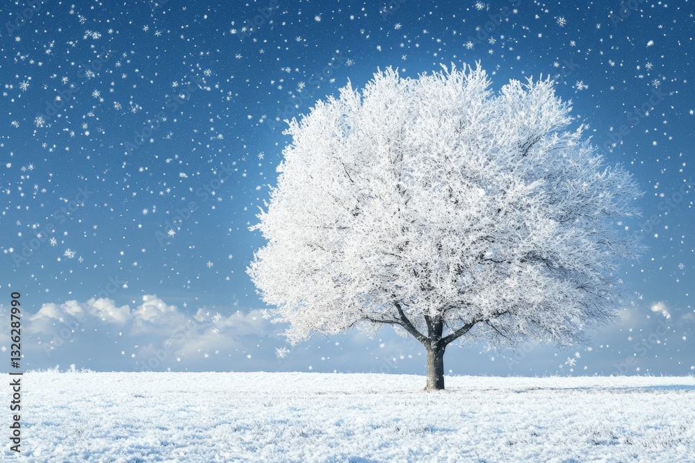 Snow falls gently on a solitary tree in a tranquil winter landscape under a clear blue sky Snow falls gently on a solitary tree in a tranquil winter landscape under a clear blue sky