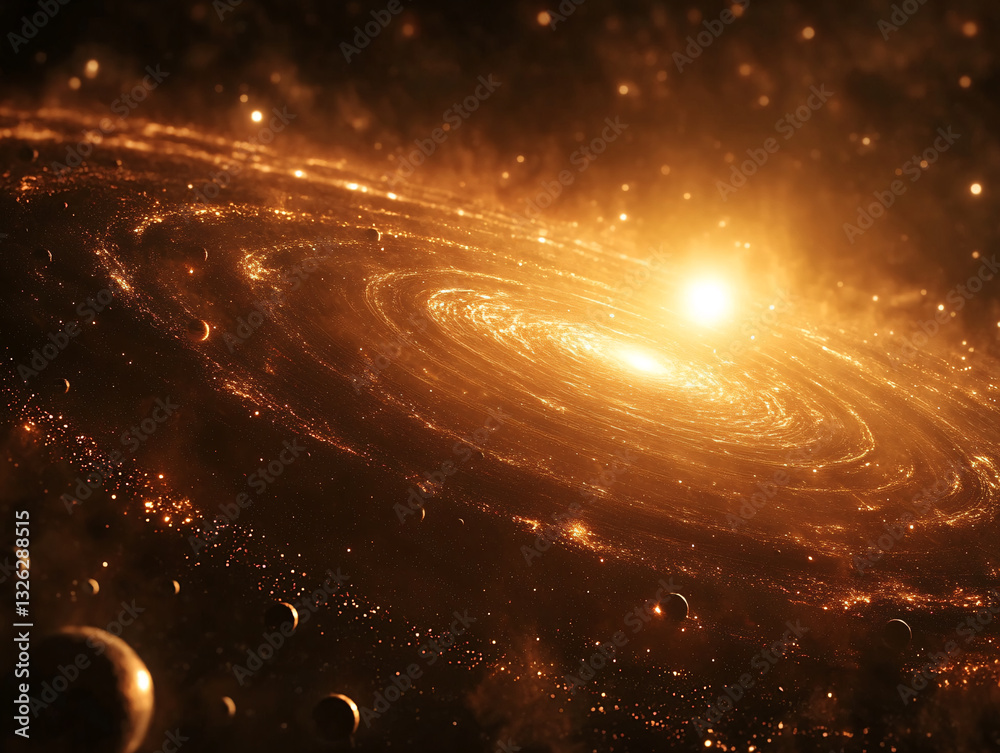 Obraz premium a glowing, spiral galaxy surrounded by stars and small planets. The central region of the galaxy emits a bright, warm light, creating a striking contrast against the darker regions of space.