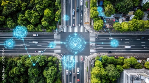 Aerial view of a smart city with self-driving cars and interconnected transportation systems, visualizing futuristic mobility.