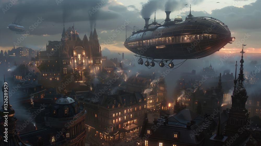 A steampunk-inspired airship floating above a Victorian-era city with intricate details. A steampunk-inspired airship floating above a Victorian-era city with intricate details.