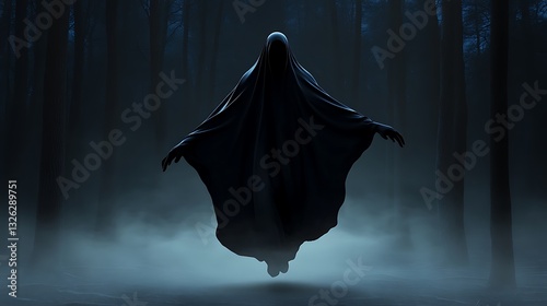 Ethereal Ghost Figure Floating in a Dark Forest at Night: 3D Render AI Generated