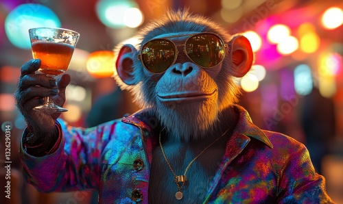 a monkey with sunglasses holding a cocktail in a nightclub.