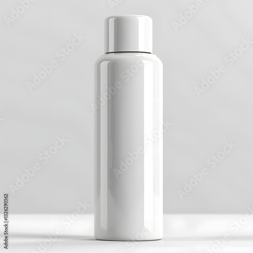 Mockup bottles made of white plastic, designed for cosmetic products such as soap, shampoo, and lotion, elegantly displayed against a clean white background.	