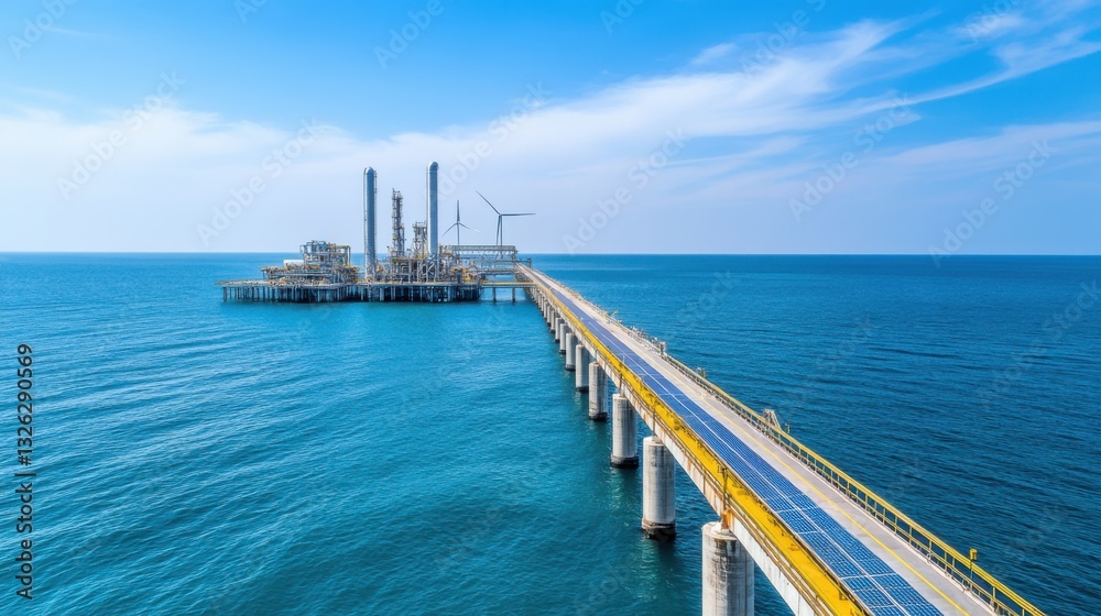 Aerial View of Offshore Oil Platform Surrounded by Calm Blue Ocean and Wind Turbines Under Clear Sky Aerial View of Offshore Oil Platform Surrounded by Calm Blue Ocean and Wind Turbines Under Clear Sky