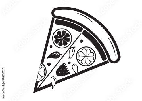 Pizza  Vector depict various artistic pizza designs, each featuring a whole pizza with a slice being removed. The dripping cheese and bold linework create a modern, stylish, and slightly vintage aesth