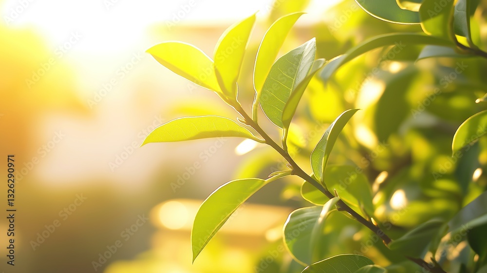 Obraz premium Young Tree Thrives in Golden Light, Symbolizing Growth and Harmony with Nature