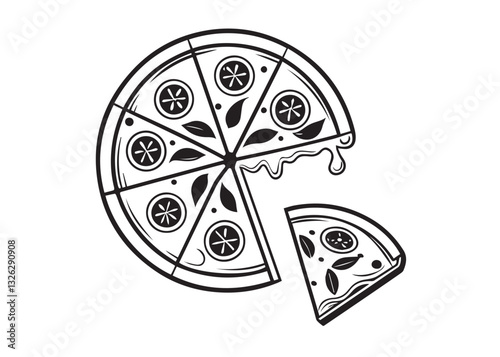 Pizza  Vector depict various artistic pizza designs, each featuring a whole pizza with a slice being removed. The dripping cheese and bold linework create a modern, stylish, and slightly vintage aesth