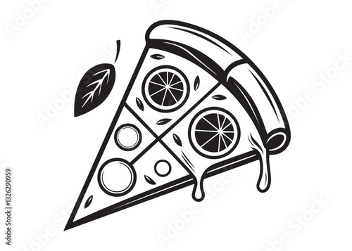 Pizza  Vector depict various artistic pizza designs, each featuring a whole pizza with a slice being removed. The dripping cheese and bold linework create a modern, stylish, and slightly vintage aesth