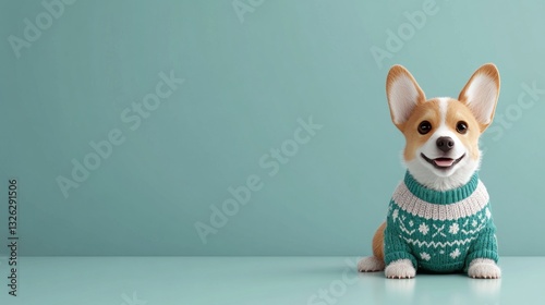 a corgi dog wearing a green sweater is smiling.