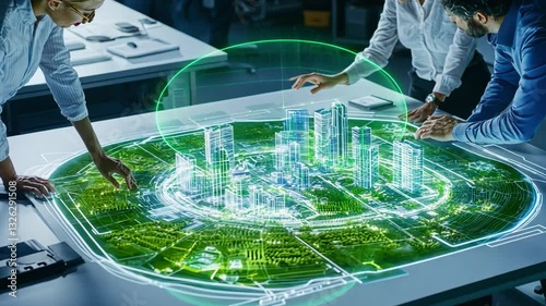 Digital Blueprint: A group of architects and urban planners huddle around a glowing, futuristic digital model of a city, collaborating on a visionary project. 