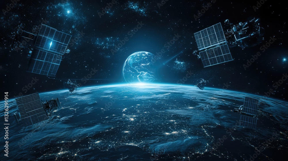 Naklejka premium A conceptual futuristic Earth surrounded by solar satellites, collecting and beaming clean energy back to the planet.