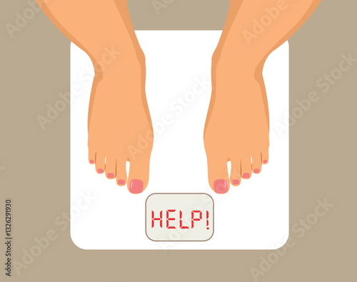 Close up of an overweight female foot with weight scale and help text vector illustration. Woman weighing herself after dieting