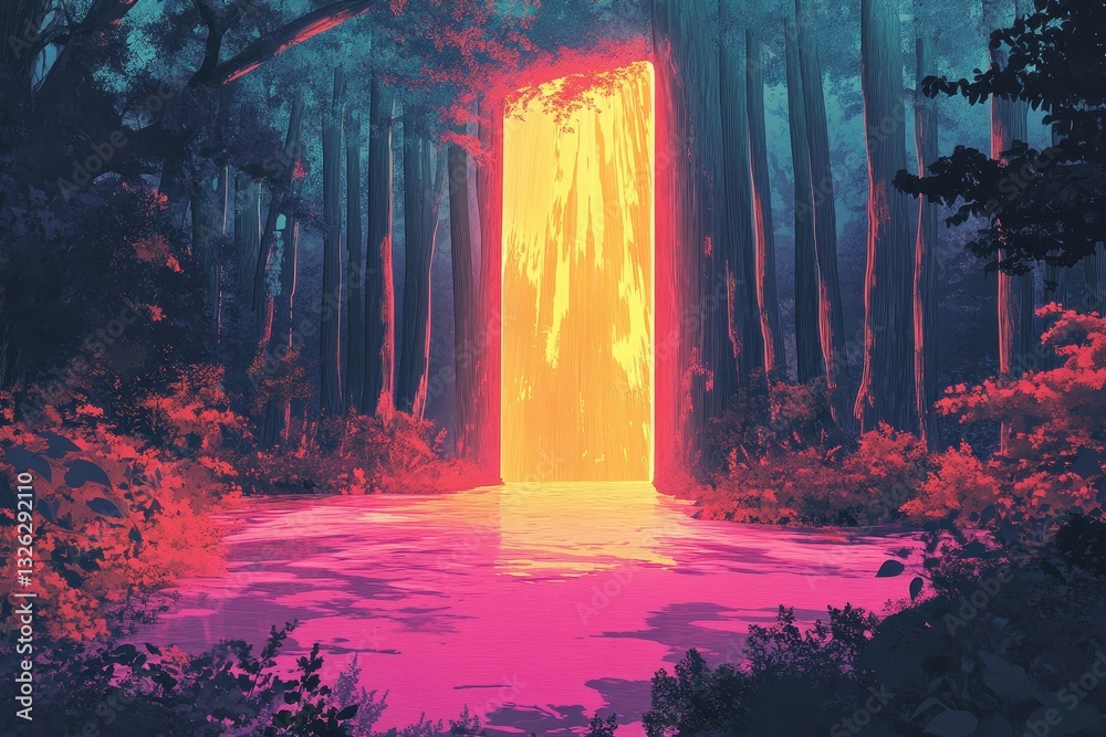 Fototapeta premium A vibrant portal glows amidst a dark and lush forest scene