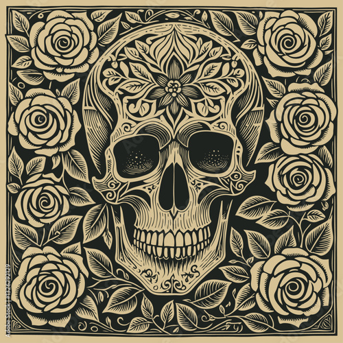 Vector illustration of an ornate sugar skull surrounded by roses in a vintage, tattoo-inspired style. The detailed square design features a decorative skull with intricate floral patterns 