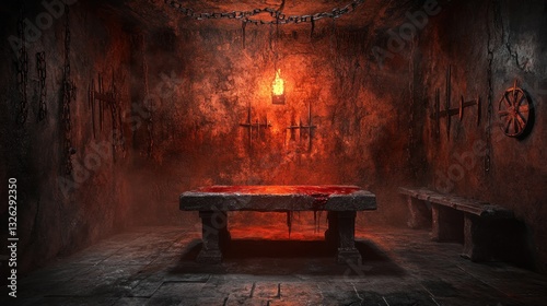 Dark Mysterious Chamber with Stone Table and Torture Instruments in a Dimly Lit Room with Chai