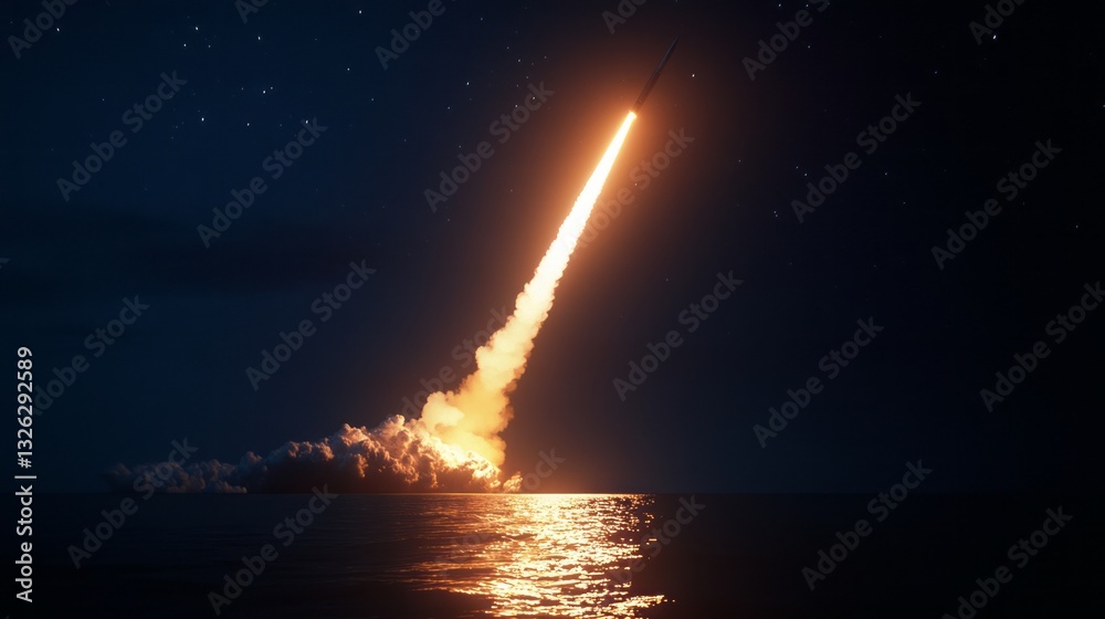 Obraz premium rocket launch at night over the ocean.