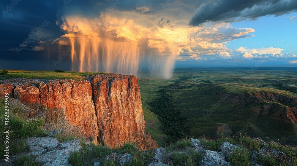 Fototapeta premium Heavy rain pours from dark clouds over a high mountain plateau, illuminating the rocky cliffs. The landscape glows with vibrant colors as the sun sets, creating a dramatic contrast with the storm