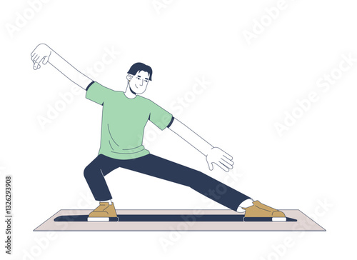 Asian man practicing tai chi for flexibility 2D vector illustration. Qigong martial arts. Mindful guy stretching yoga pose on mat flat character isolated on white background. Colorful cartoon image