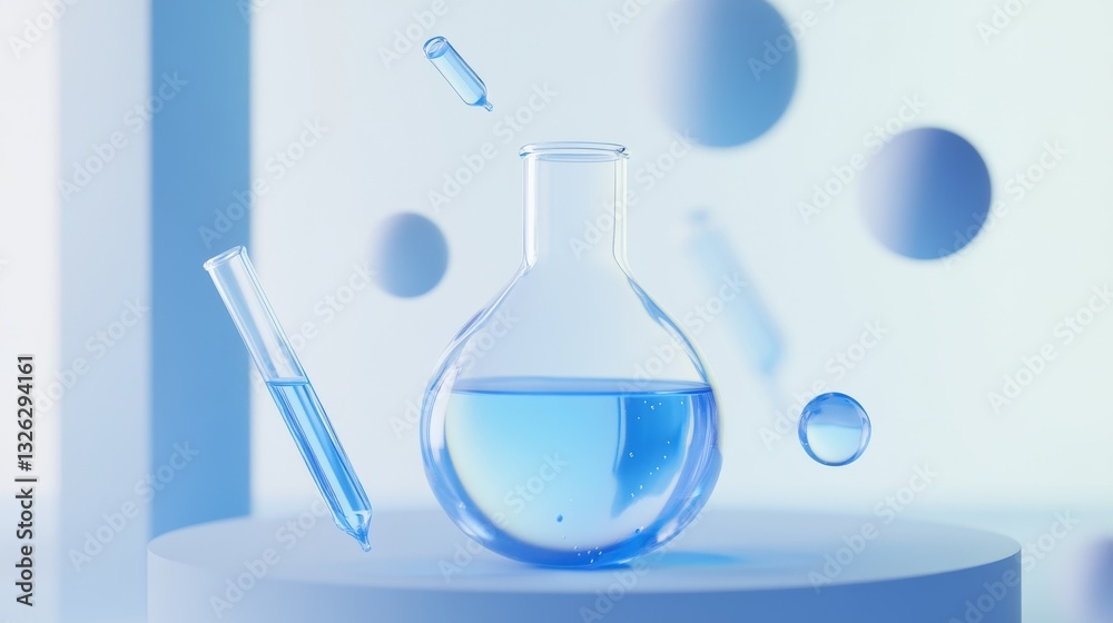 3D rendered laboratory beaker with subtle glass refraction, floating test tubes filled with vibrant liquids, crisp geometric forms with smooth beveled edges, soft ambient occlusion, minimalist 3D rendered laboratory beaker with subtle glass refraction, floating test tubes filled with vibrant liquids, crisp geometric forms with smooth beveled edges, soft ambient occlusion, minimalist