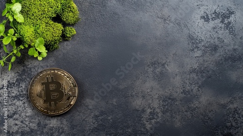 Bitcoin coin on dark surface with green moss and small plants