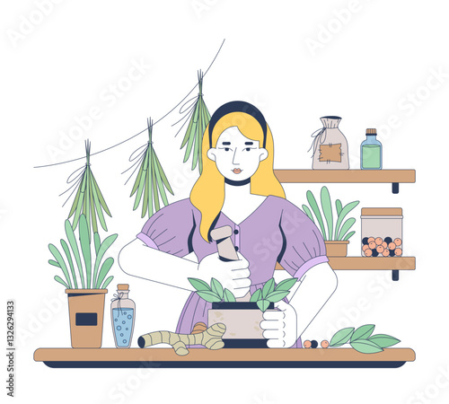 Herbalist preparing natural remedies 2D vector illustration. Herbal medicine. Homeopathy naturopath woman with mortar pestle flat character isolated on white background. Colorful cartoon image