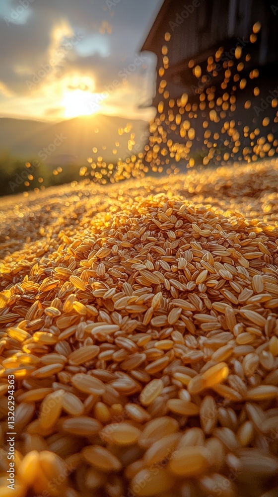 Obraz premium A beautiful pile of sunflower seeds showcasing their natural beauty with a rustic rice mill at sunset in the background