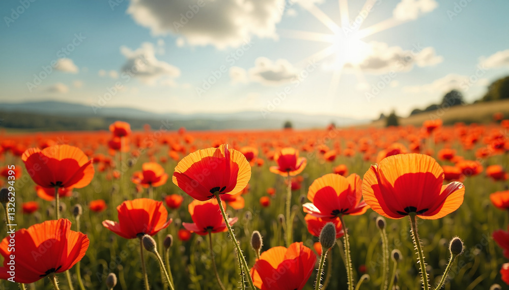 Vibrant poppy flowers blooming in sunny field Vibrant poppy flowers blooming in sunny field