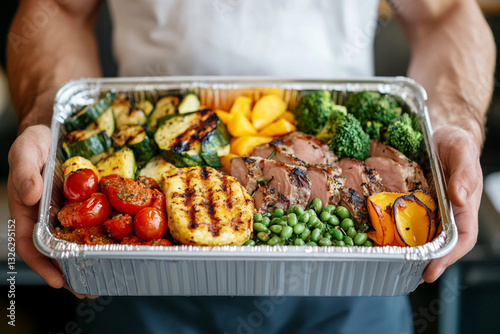 Sportsman with food container full of keto dishes photo