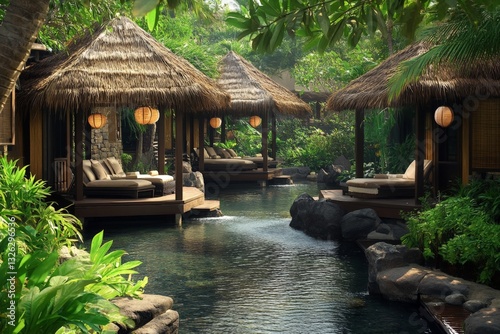 Relaxation in tropical spa huts surrounded by lush greenery and tranquil waters at a secluded resort