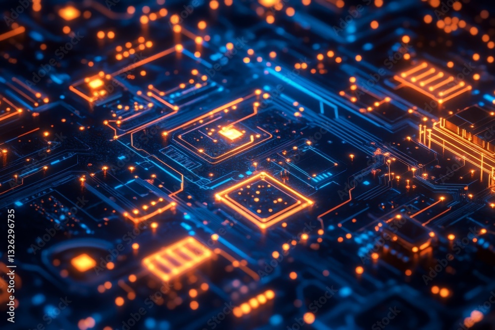 Intricate circuit board illuminated by glowing blue and orange lights showcasing advanced technology in a digital landscape Intricate circuit board illuminated by glowing blue and orange lights showcasing advanced technology in a digital landscape