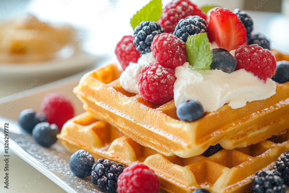 Delicious stacked waffles topped with fresh berries and whipped cream in a bright setting Delicious stacked waffles topped with fresh berries and whipped cream in a bright setting