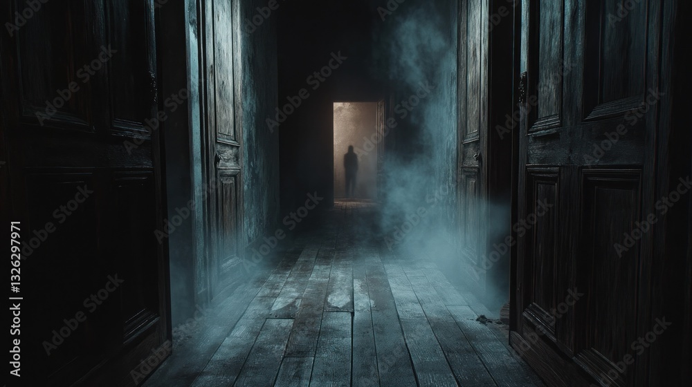 Mysterious Silhouette in a Foggy Dark Corridor with Wooden Doors and Floor Creating an Eerie Mysterious Silhouette in a Foggy Dark Corridor with Wooden Doors and Floor Creating an Eerie