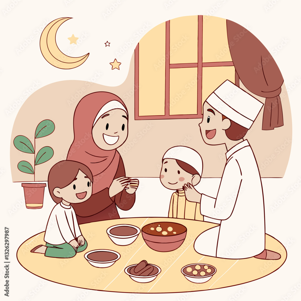 Drawing of people breaking their fast together in Ramadan Drawing of people breaking their fast together in Ramadan